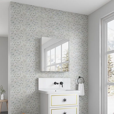 Étagère à pharmacie de salle de bain 24 po x 26 po avec miroir biseauté, porte droite, rangement large, bois d'ingénierie, charnières silencieuses, armoire blanche H 24 po x H 26 po - porte ouverte à droite, espace de rangement généreux, bois