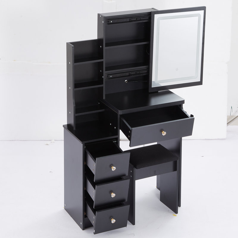 Table de coiffeuse 29,2 "avec tabouret rembourré, centrale électrique et miroir à DEL coulissant | Idée cadeau