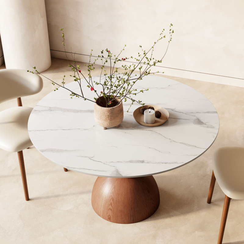 Dining Room Kitchen Table Round Conlon 39", Scratch-resistant Stone Top & Solid Wood Base, White, 29.53"H x 39.3"L x 39.3"W