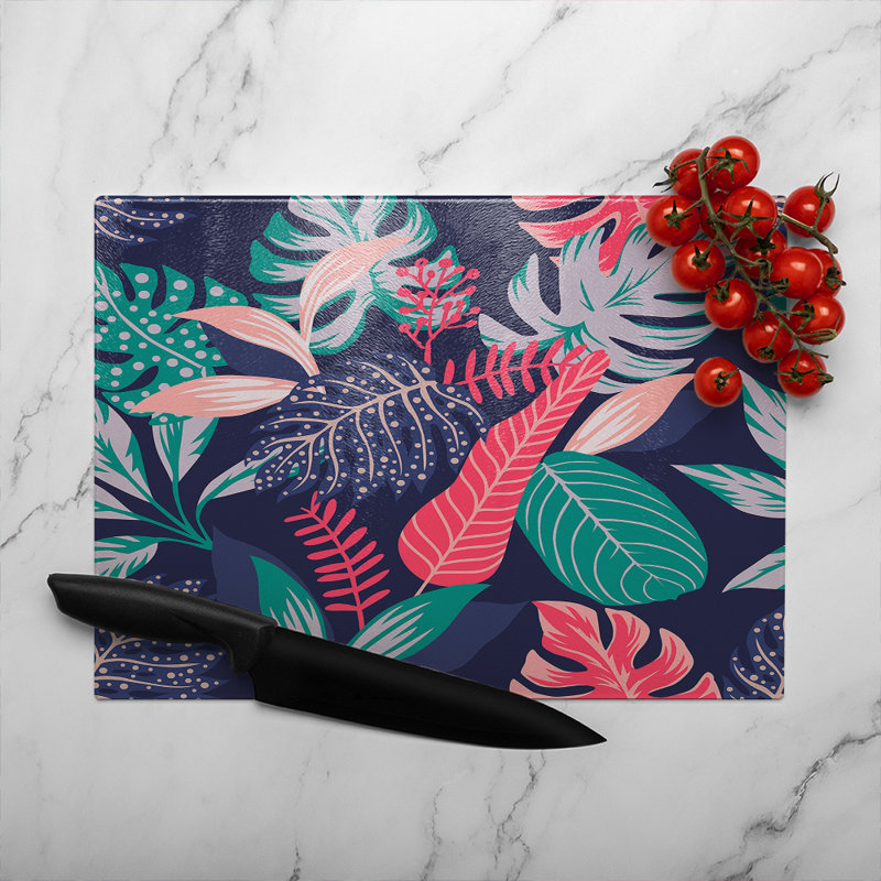 Tropical Plant Leaves Glass Chopping Board, 40cm L x 28cm W