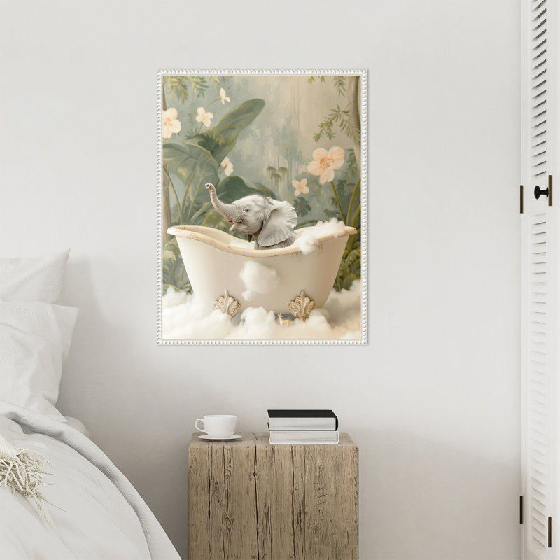 «Elephant Bath Joy» par Hostetter, reproduction d'art sur toile encadrée, H 30 po x l 23 po