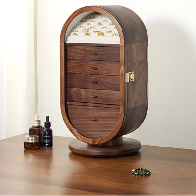 Boîte à bijoux en bois de noyer avec miroir - Organisateur de rangement multifonctionnel pour bijoux, maquillage et cosmétiques - Cadeau de mariage élégant