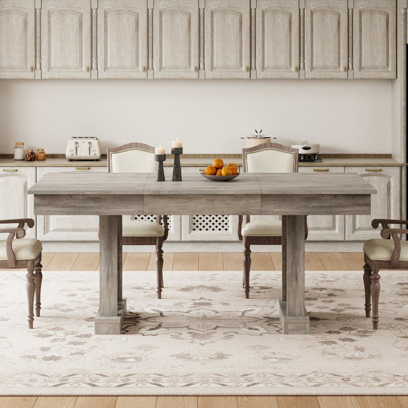 Spacious 71-Inch Dining Table for 6-8, Rectangular Wooden Table with Double Pedestal Base, 2 Storage Drawers, Gray