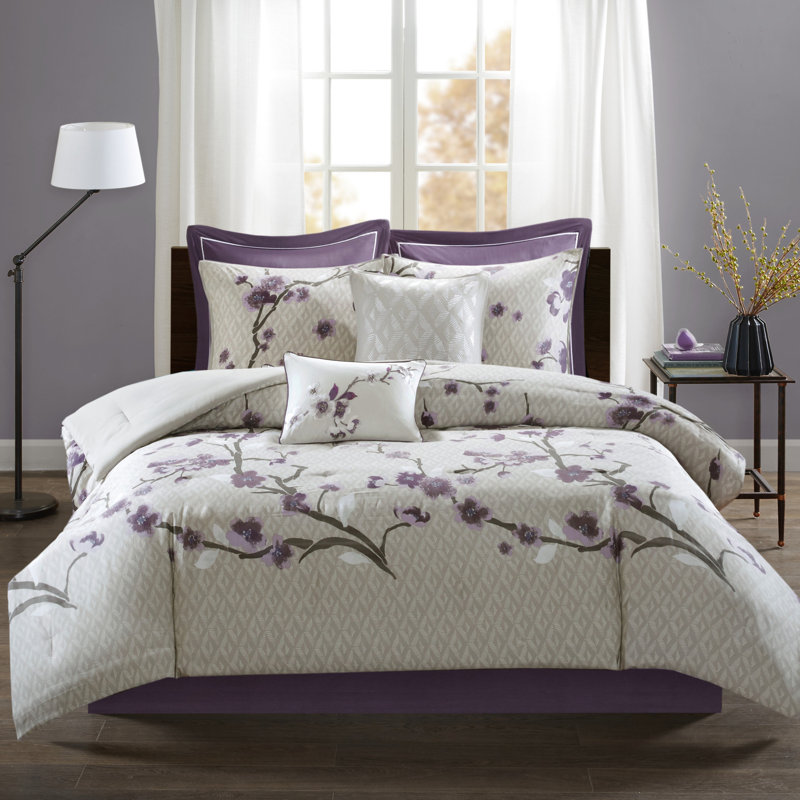 Édredon très grand lit. Mauve / coton taupe Remplir. Motif floral imprimé. Édredon, taies décoratives européennes, coussins décoratifs,. Lavable à la machine. - 8 pièces. Coton. . Imprimé. Comprend