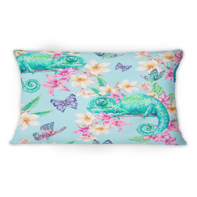 Coussin décoratif vert avec caméléon vert avec papillons et fleurs IV