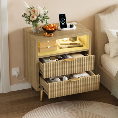 Fluted Nightstand with LED Lights, 2 Drawer Wood Night Stand for Bedroom, Modern Bedside Table with Storage, MDF End Table for Living Room, Anti-Tip Design