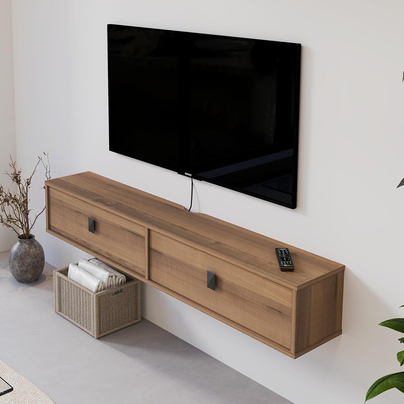 Meuble télé flottant en bois massif de 55 po - Console multimédia Mid-Century, noyer