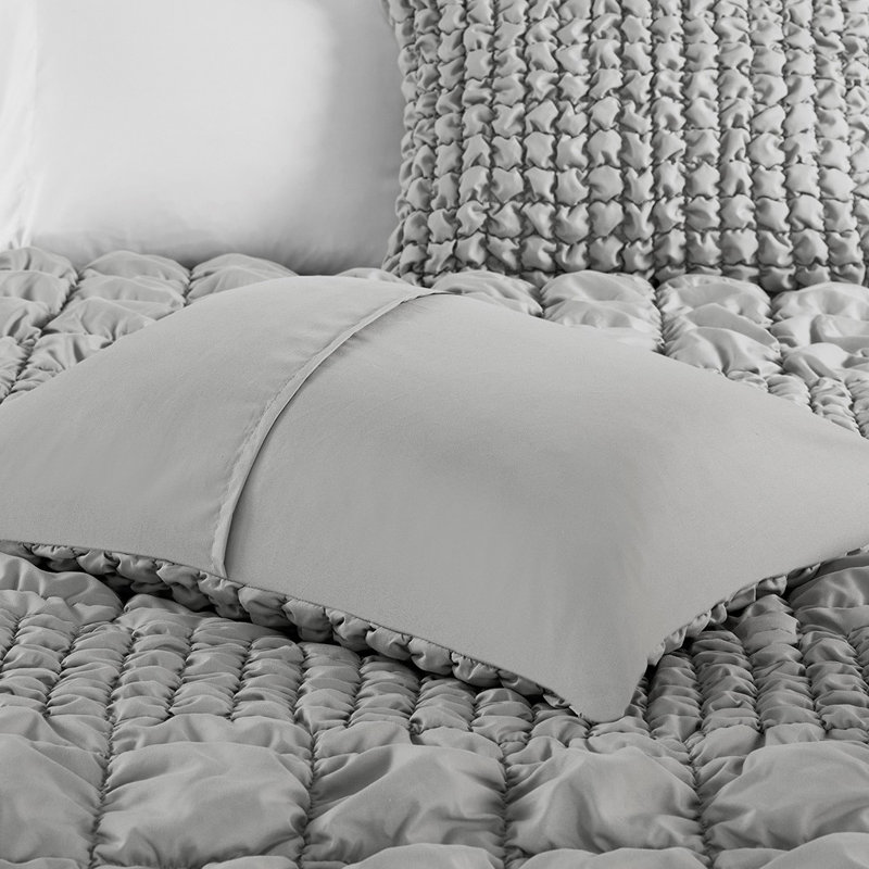 Gracie Mills Hydra 3 Piece Stripe Ruched Comforter Set, King Comforter + 2King Shams, Gray