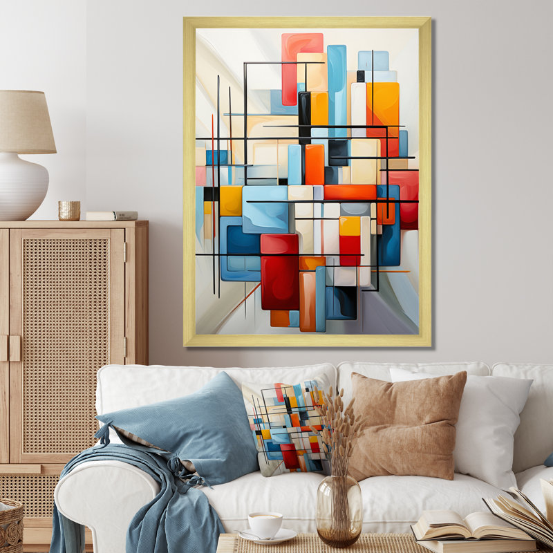 «Geometric Abstraction Composition III», art mural encadré abstrait géométrique, Encadrement doré, H 20 po x l 12 po x P 1 po