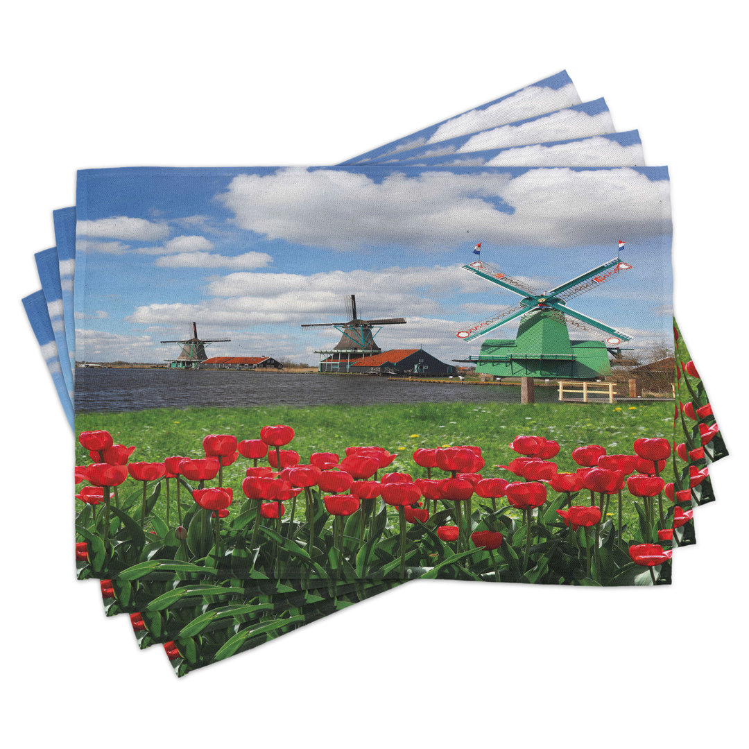 Platzmatten, Rote Farbe Tulpen Feld, Windmühle, Mehrfarbig