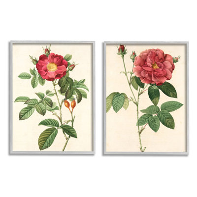 Traditional Red Flowers With Floral Stem Details by Ziwei Li - 2 Piece Floater Frame Print Set on Canvas