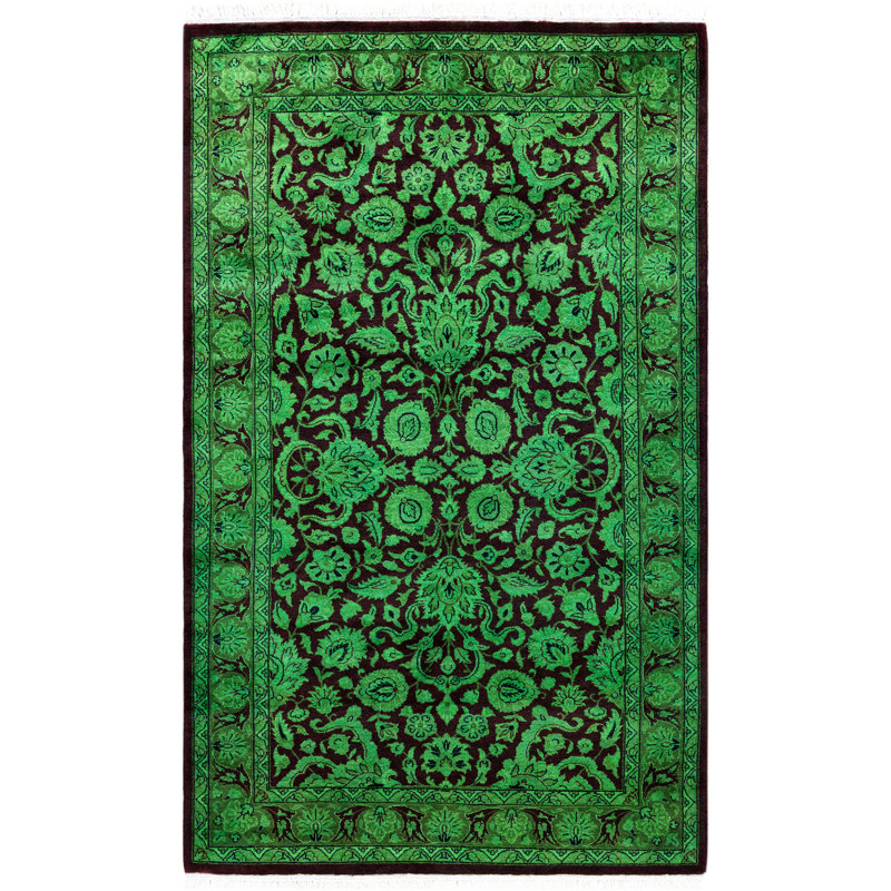 Tapis vert contemporain en laine noué à la main 3 pi 1 po x 5 pi 1 po Chelan