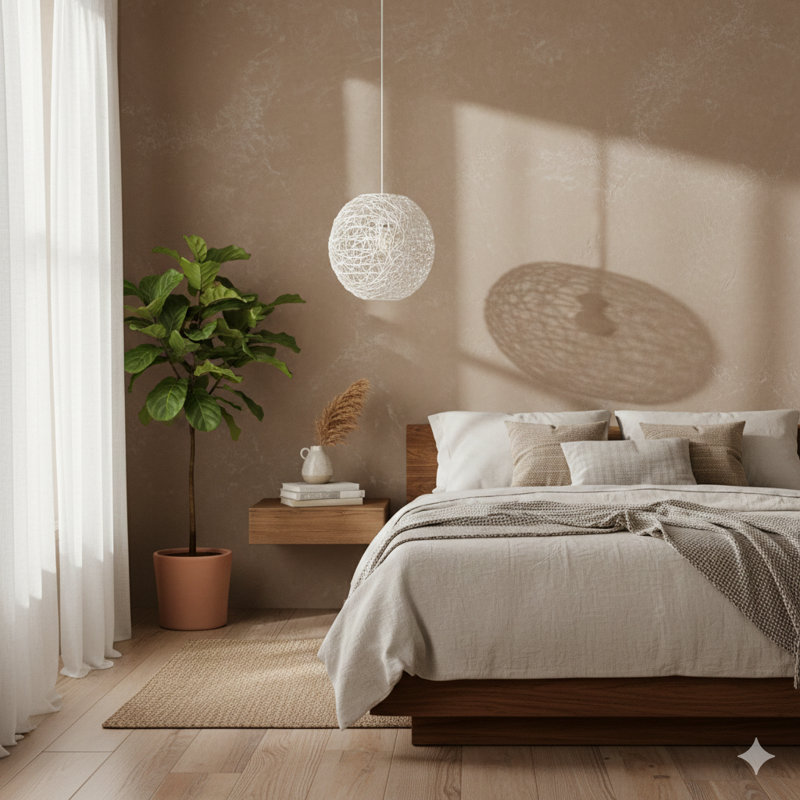 A Pendant Light With A Round Shade Made Using A Woven Technique.