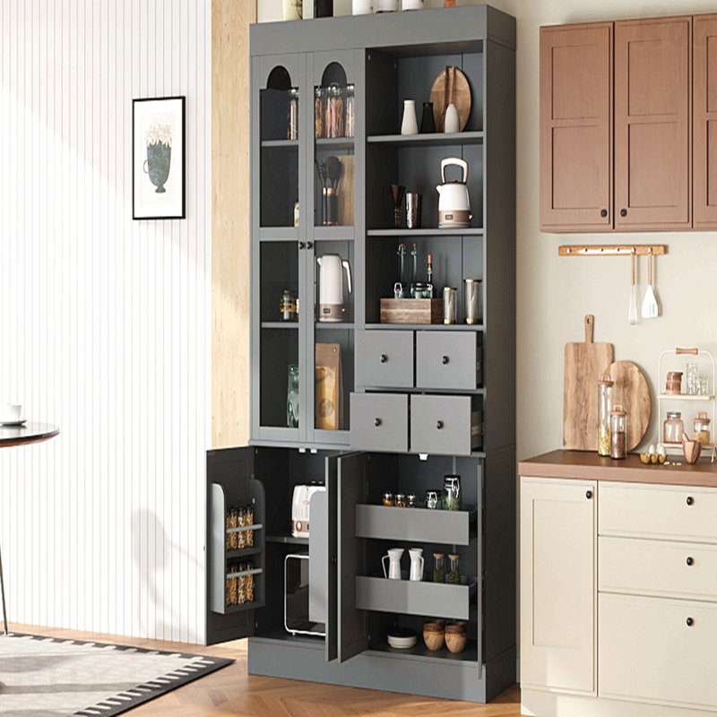 75" Tall Blue Freestanding Buffet with Hutch, Kitchen Pantry Cabinet with 4 Drawers, Door Shelves & Pull-out Trays, Gray