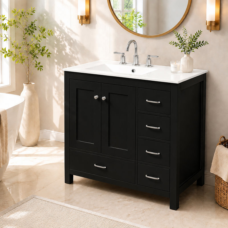 Meuble-lavabo blanc 36 po avec lavabo en céramique, meuble-lavabo autoportant avec 5 tiroirs et 2 portes à fermeture en douceur, petit rangement