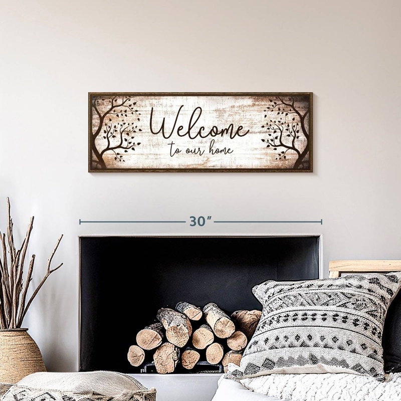 Bienvenue chez nous, typographie I, 28 po x 10 po, Cadre flottant noyer