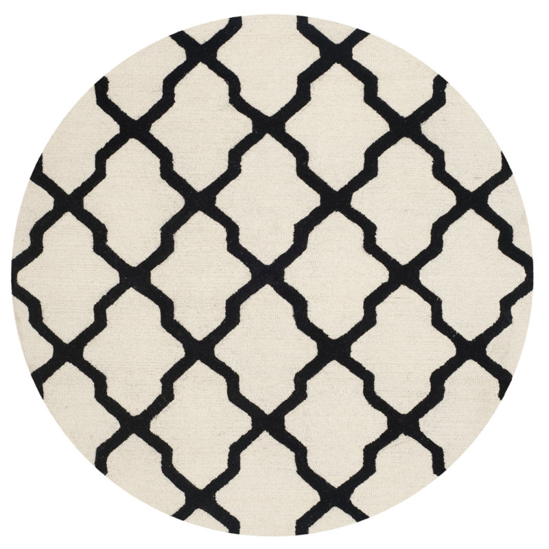 Cannen Hand Tufted Wool Geometric Rug, Round 6', Ivory/Black