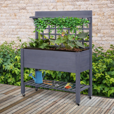 Lit de jardin surélevé de 41 po avec treillis sur roulettes, bac à fleurs surélevé en bois avec pieds et doublure de lit, pour fleurs, légumes