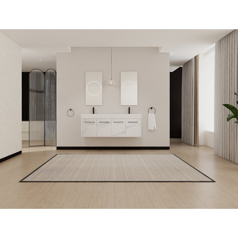 Meuble-lavabo mural avec lavabo double en résine, charnières de porte à fermeture douce et matériau écologique durable pour une expérience de salle de bain améliorée
