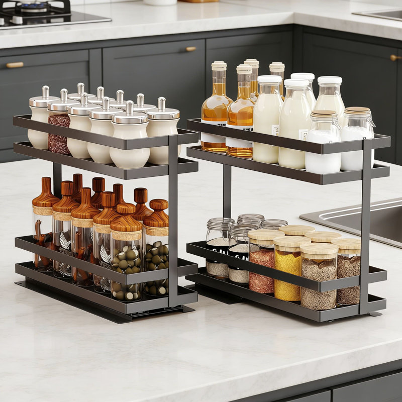 Étagère à épices escamotable pour armoire, tablette coulissante en métal robuste à 2 niveaux avec glissières à roulement à billes lisses, aucune installation de perçage, rangement vertical peu encombrant pour les armoires de cuisine