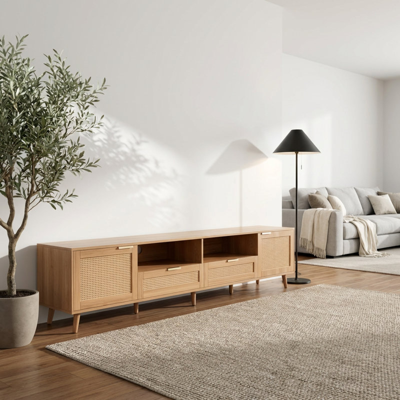 Console média moderne en rotin avec pieds en bois massif pour téléviseur de 90 po ou moins, avec armoires de rangement et tablettes ouvertes
