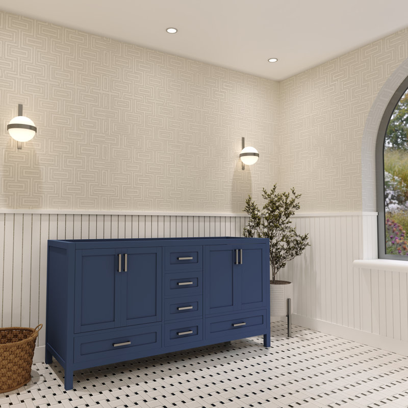 Navy Blue Pinewood Double Bathroom Vanity with Metal Pulls