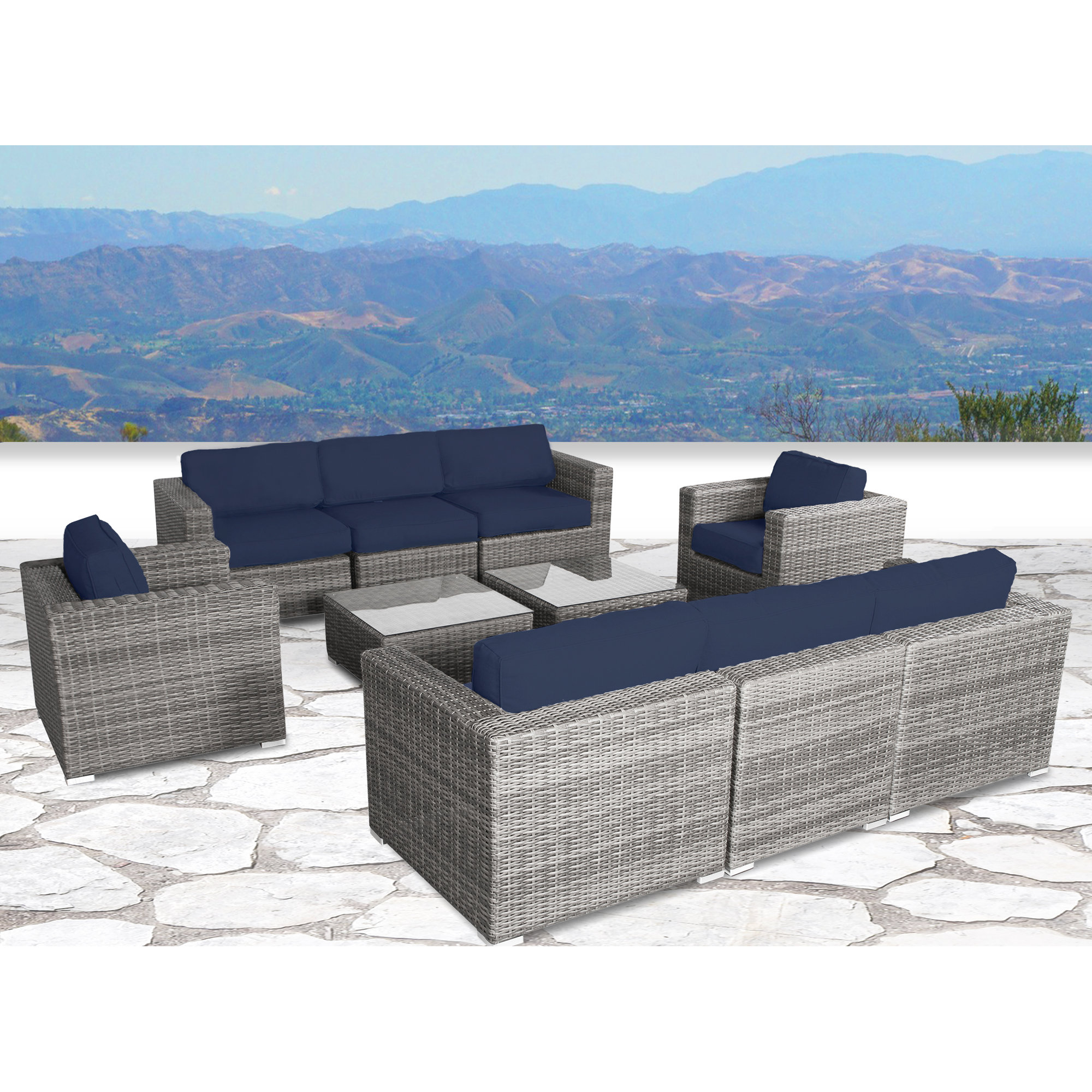 Franke Wicker 8 Person Seating Group, Mixed Gray, Canvas Navy Sunbrella® Canvas