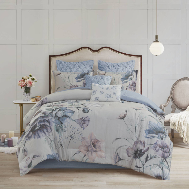 Ensemble d'édredon en coton 8 pièces Cassandra, Bleu, Édredon grand + 7 pièces supplémentaires