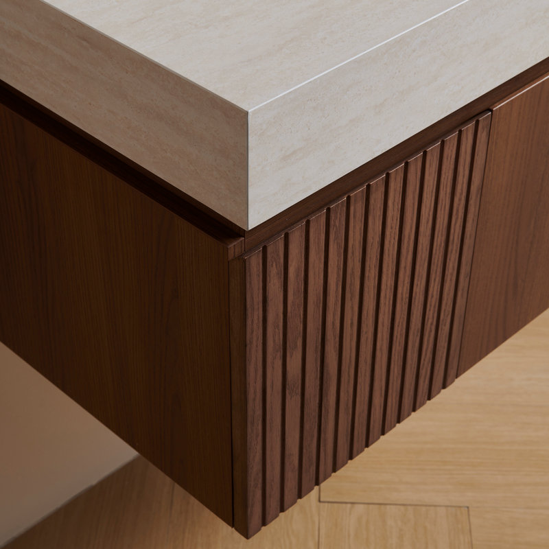 Meuble-lavabo moderne avec comptoir en pierre frittée à motif travertin Valenza, Beige, Brown Oak, 36"