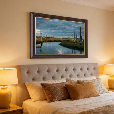 Art mural antique sur toile encadré doré pour le salon, la chambre à coucher, le bureau ou le vestibule - décoration murale décorative avec ligne d'horizon de la voie d'eau