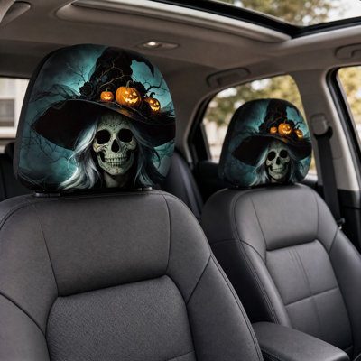 Décoration d'Halloween : Housse d'appuie-tête de voiture squelette sorcière citrouille imprimée horreur gothique en tissu extensible, protection d'appuie-tête automobile, décoration intérieure de véhicule effrayante