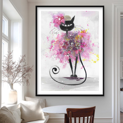 Caricature de chat avec fleurs roses - reproduction illustrative noire