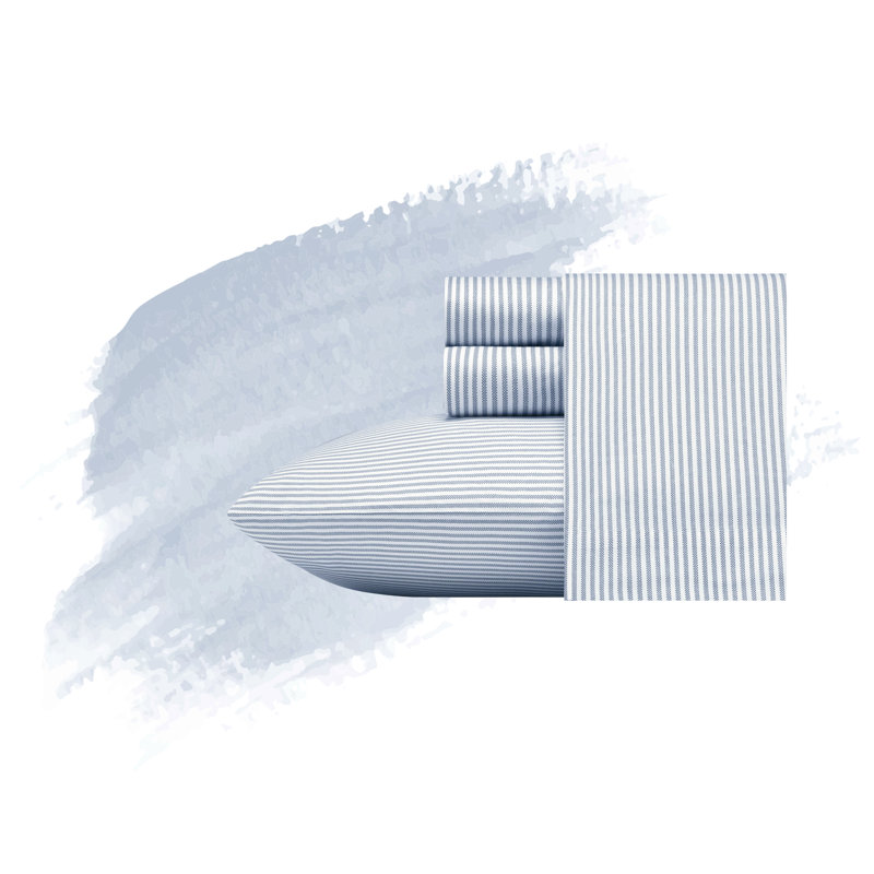 Poppy & Fritz Printed Percale Cotton Sheet Set, Full Sheet Set + 2 Pillowcases, Oxford Stripe Blue
