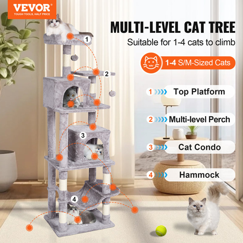 63'' Light Gray Sisal Cat Tree with Condos and Hammock