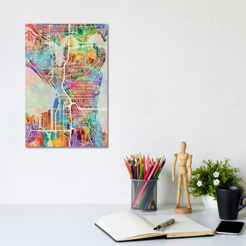Seattle Washington Street Map I by Michael Tompsett - 1 Piece Wrapped Canvas Wall Art, 20.32 cm H x 30.48 cm W