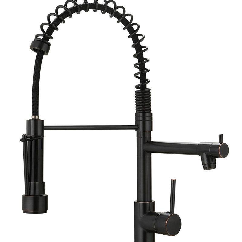 Robinet de cuisine à douchette extractible, bronze huilé, poignée unique, rotation à 360°, garniture en céramique, robinet d'évier contemporain pour usage commercial avec levier intégré, style moderne.