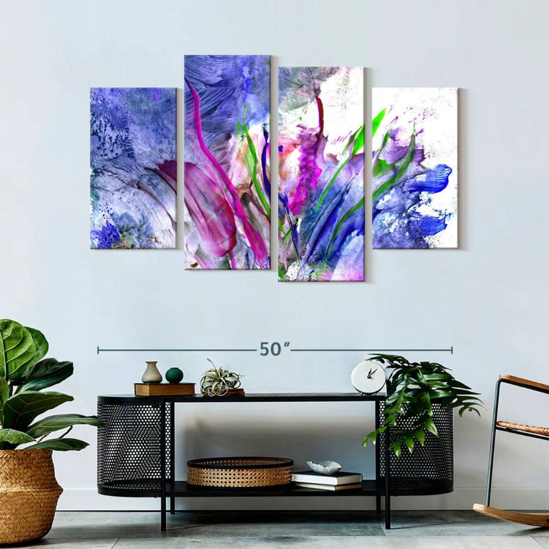 Ensemble de 4 fleurs abstraites sur toile, H 52 po x l 32 po x P 1,25 po