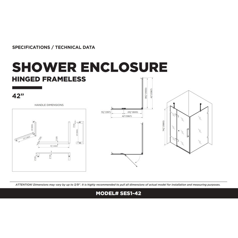 42'' W x 74.25'' H Hinged Frameless Shower Door, Satin Brass