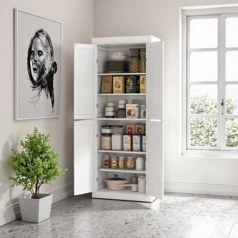 Garde-manger autoportant blanc de style moderne avec tablettes réglables à 6 niveaux et portes magnétiques pour le rangement de la cuisine