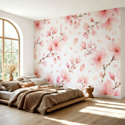 Papier peint adhésif peler et coller fleurs de cerisier aquarelle floral doux rose branches pétales auto-adhésif amovible papier contact mural pour le salon Chambre H 69 po x l 96 po