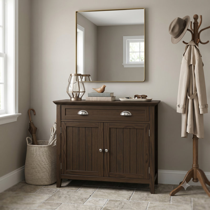 Armoire de rangement transitionnelle en bois massif avec tiroir, 2 portes et tablettes réglables Acadian