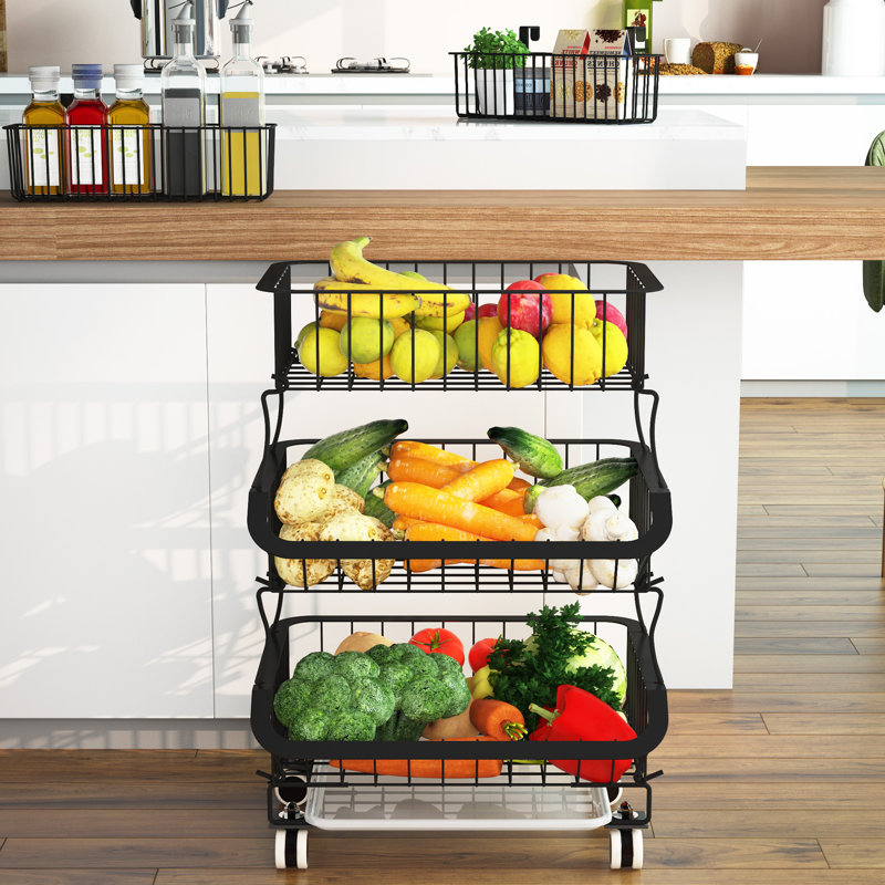 Baist 3-Tier Stackable Metal Wire Basket Cart with Lockable Wheels