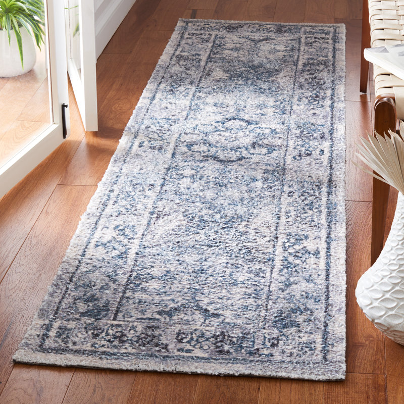 Tapis oriental oriental en polyester touffeté à la main bleu turquoise, Tapis de couloir 2 pi 3 po x 8 pi
