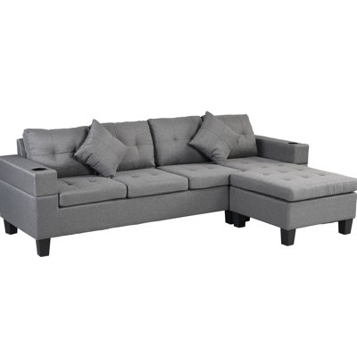 Modulaire de salon moderne avec méridienne, porte-gobelet et coussins décoratifs 4 places, faux lin gris pour l'intérieur - 4 places et