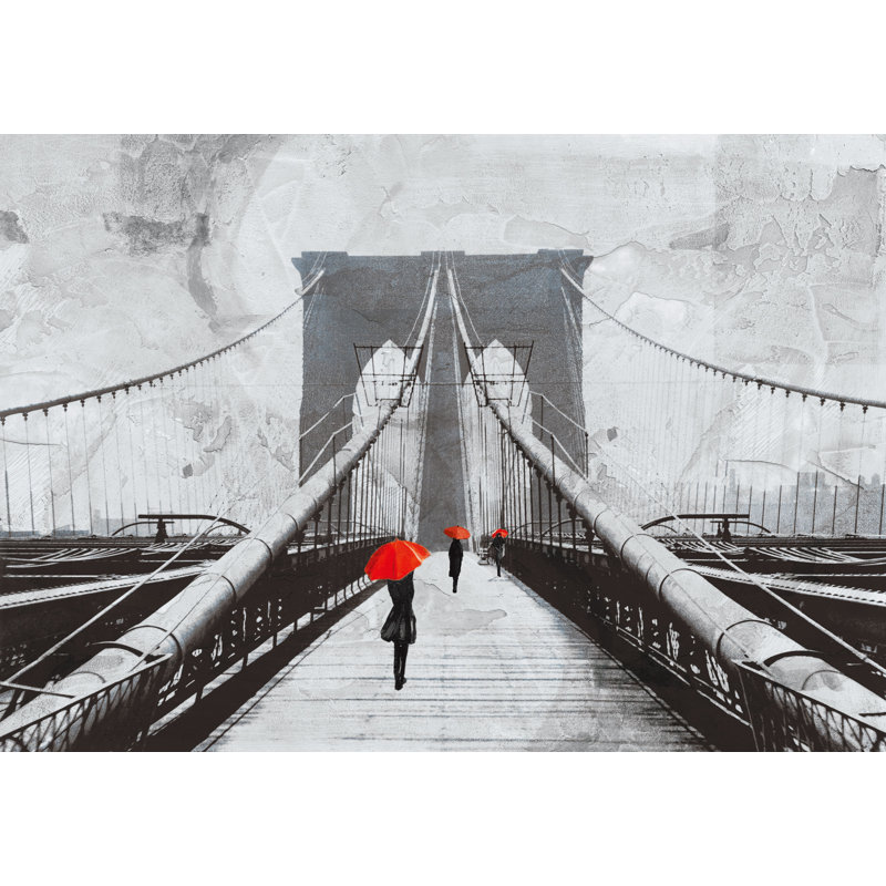 Walk Along Brooklyn Bridge - Painting Print, Black Floater Framed, 30cm H x 46cm W