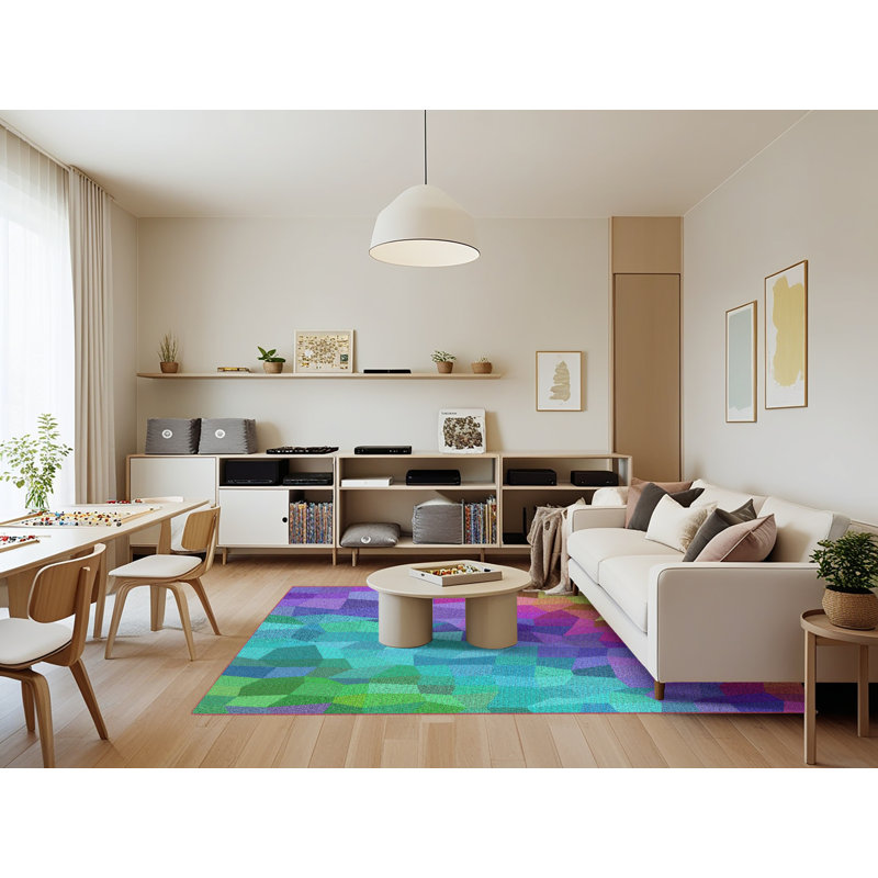 Tapis rose à motifs/bleu aqua/vert zone verte, Rectangle 7 pi x 9 pi