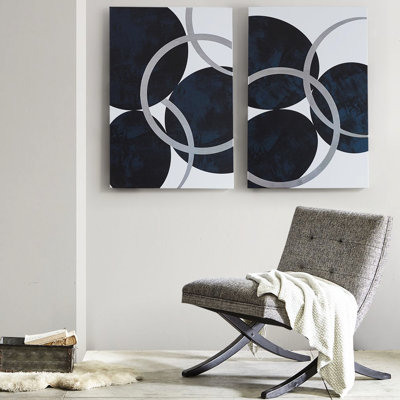 2 Modern Abstract Wall Art - Navy Circle, Silver 24" X 36" Indoor Decorative Decor With Circle 24X36 Inches Use