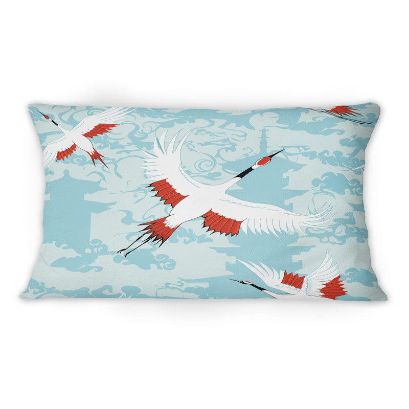 Coussin décoratif rouge et blanc à motif oriental de cigogne - 1