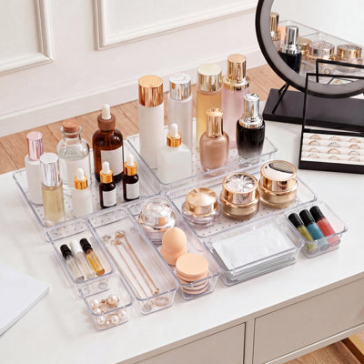 Clear Drawer Organizers Set of 13, 5-Size Vanity Organizer Trays, Stackable Bathroom & Desk Drawer Organizer for Makeup, Jewelry, Kitchen Utensils, Office Supplies and Small Gadgets Storage