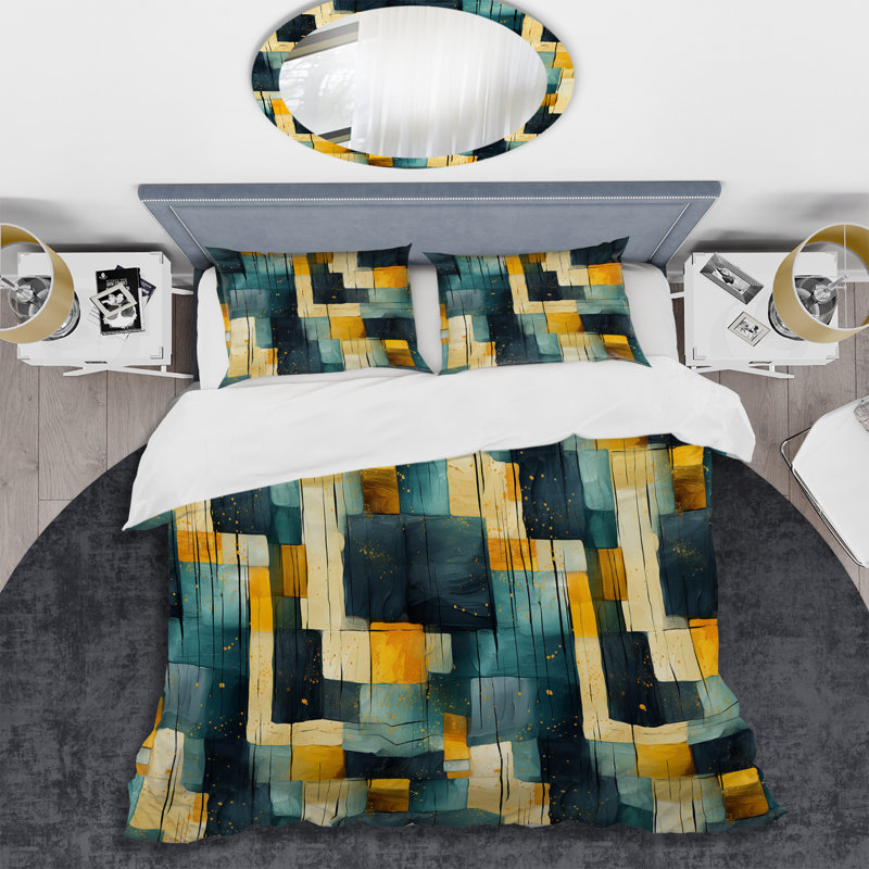 Ensemble de housse de couette en microfibre à motif géométrique abstrait jaune et bleu sarcelle